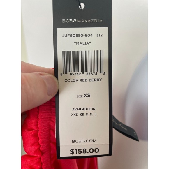 BCBGMaxazria XS Malia Strapless Dress in Red Berry Elastic Waist Ruffle NWT - Picture 11 of 15